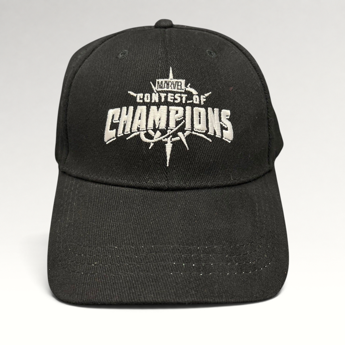Raree Finds black Marvel Contest of Champions snapback hat with white embroidered logo and neon green undervisor