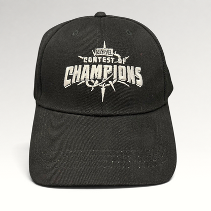 Raree Finds black Marvel Contest of Champions snapback hat with white embroidered logo and neon green undervisor