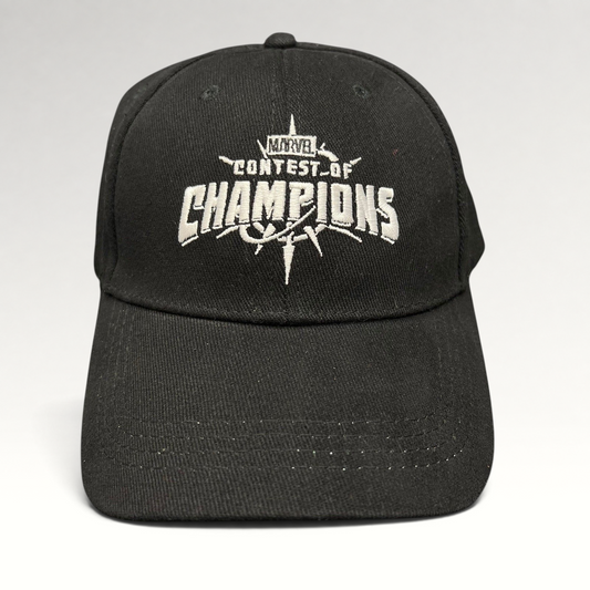 Raree Finds black Marvel Contest of Champions snapback hat with white embroidered logo and neon green undervisor