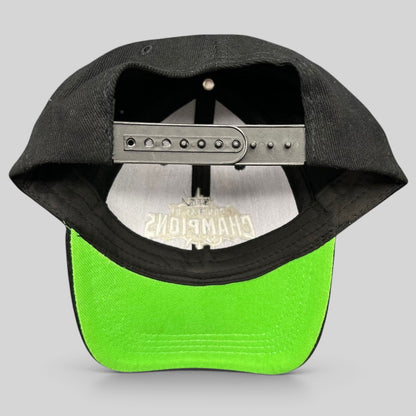 Raree Finds Marvel Contest of Champions snapback hat featuring a black crown and vibrant neon green undervisor