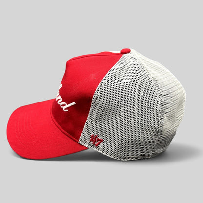 Raree Finds Maryland Terrapins 47 Brand red and white trucker snapback hat with mesh back and embroidered script