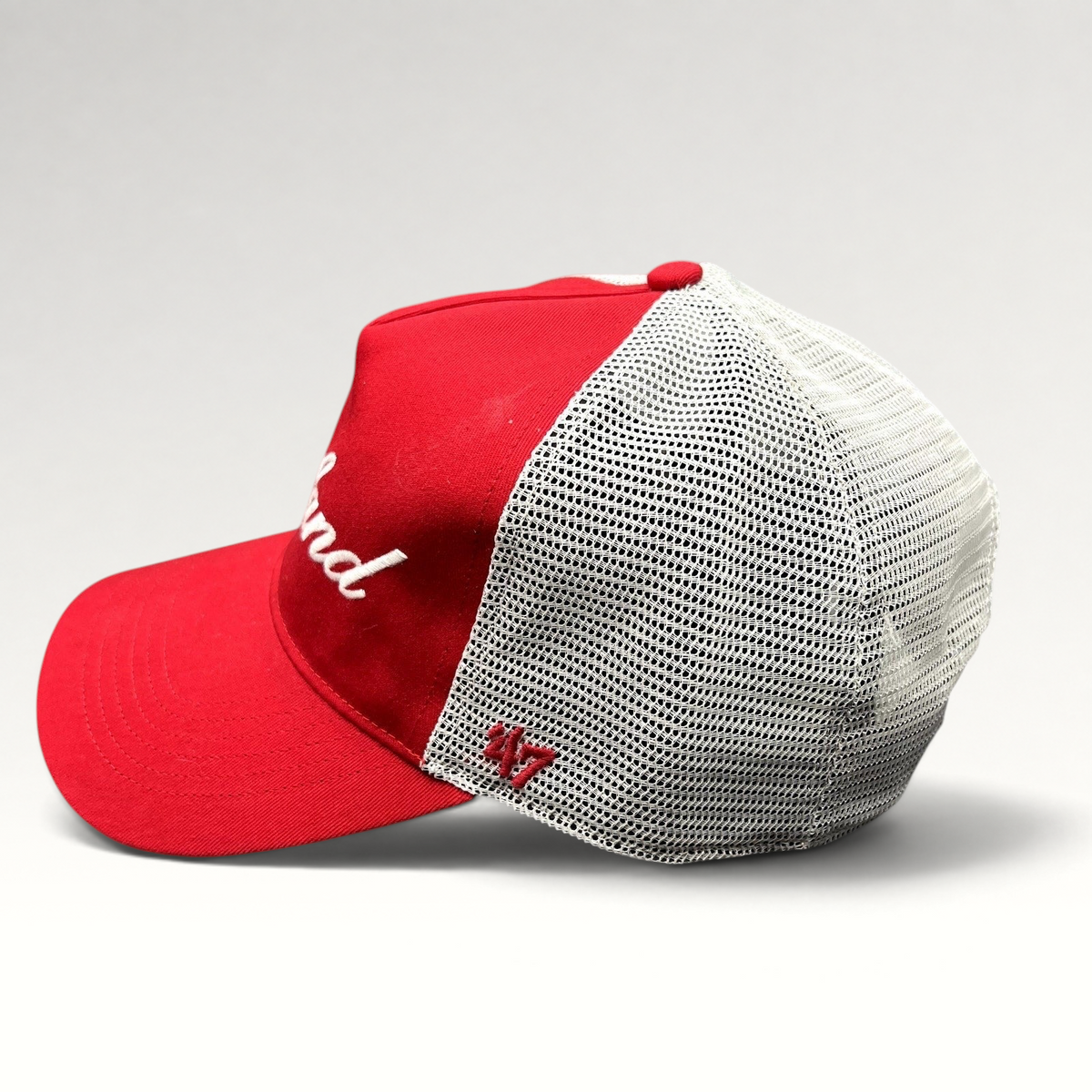 Raree Finds Maryland Terrapins 47 Brand red and white trucker snapback hat with mesh back and embroidered script
