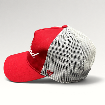 Raree Finds Maryland Terrapins 47 Brand red and white trucker snapback hat with mesh back and embroidered script
