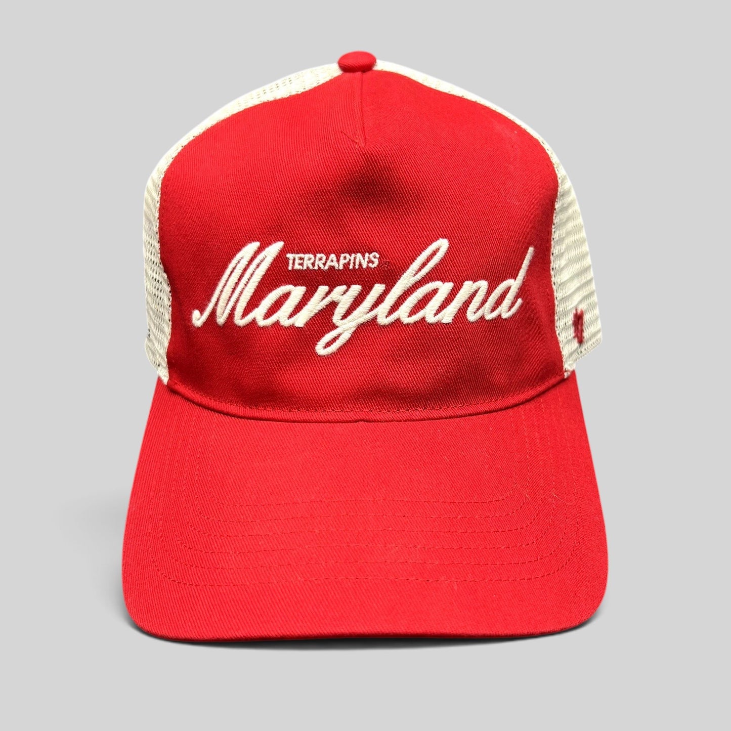 Raree Finds Maryland Terrapins 47 Brand red and white trucker hat with embroidered script and mesh back panels
