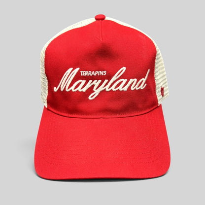 Raree Finds Maryland Terrapins 47 Brand red and white trucker hat with embroidered script and mesh back panels