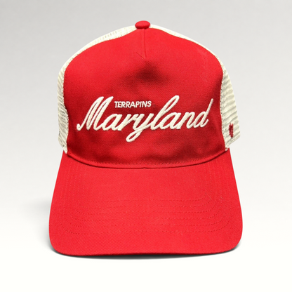Raree Finds Maryland Terrapins 47 Brand red and white trucker hat with embroidered script and mesh back panels