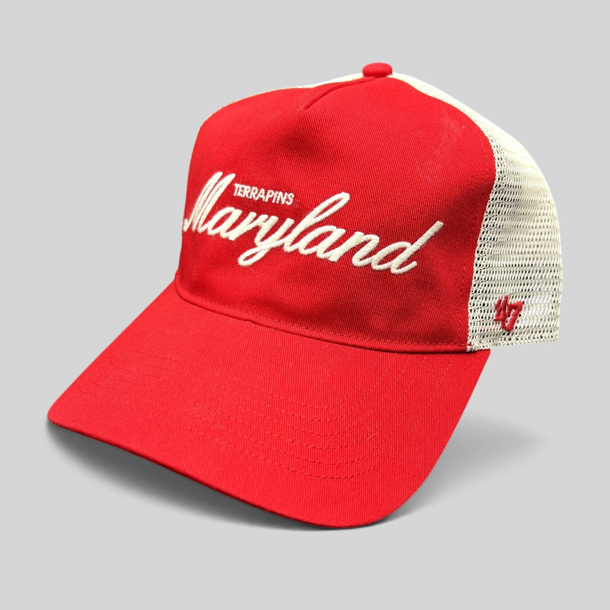 Raree Finds Maryland Terrapins 47 Brand red and white trucker snapback hat with embroidered script logo and mesh back.