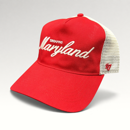 Raree Finds Maryland Terrapins 47 Brand red and white trucker snapback hat with embroidered script logo and mesh back.