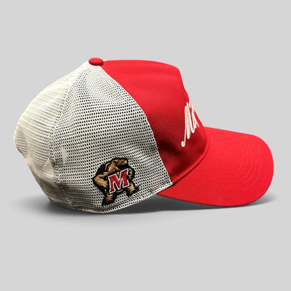 Raree Finds Maryland Terrapins 47 Brand red and white trucker snapback hat with embroidered script and side logo