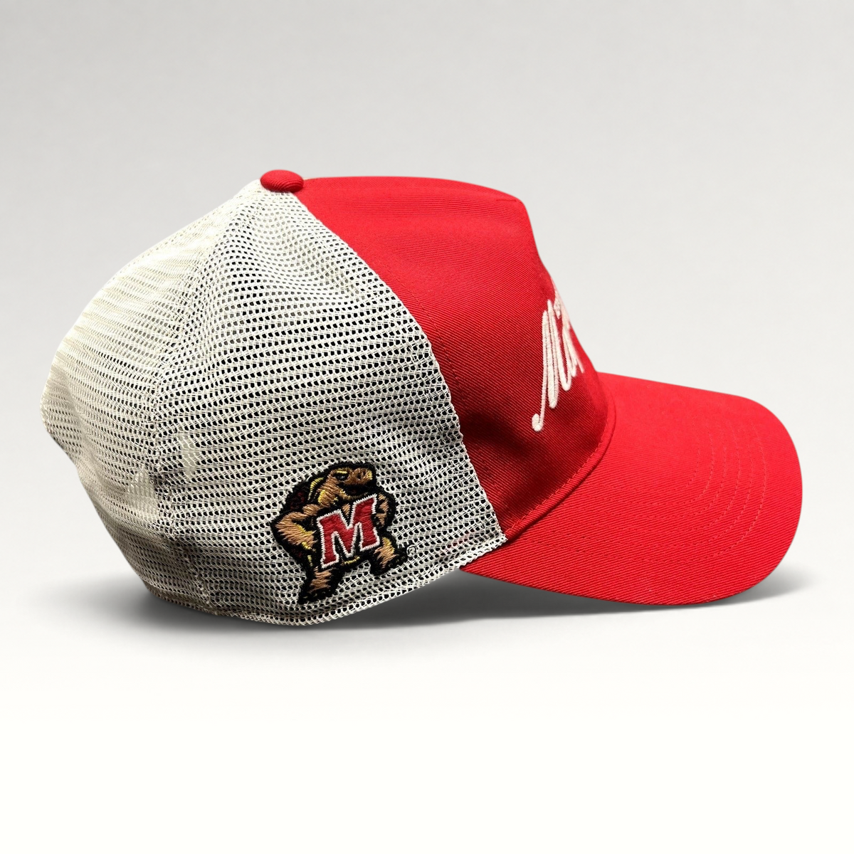 Raree Finds Maryland Terrapins 47 Brand red and white trucker snapback hat with embroidered script and side logo