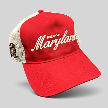 Raree Finds Maryland Terrapins 47 Brand red and white trucker snapback hat with embroidered script and mesh back
