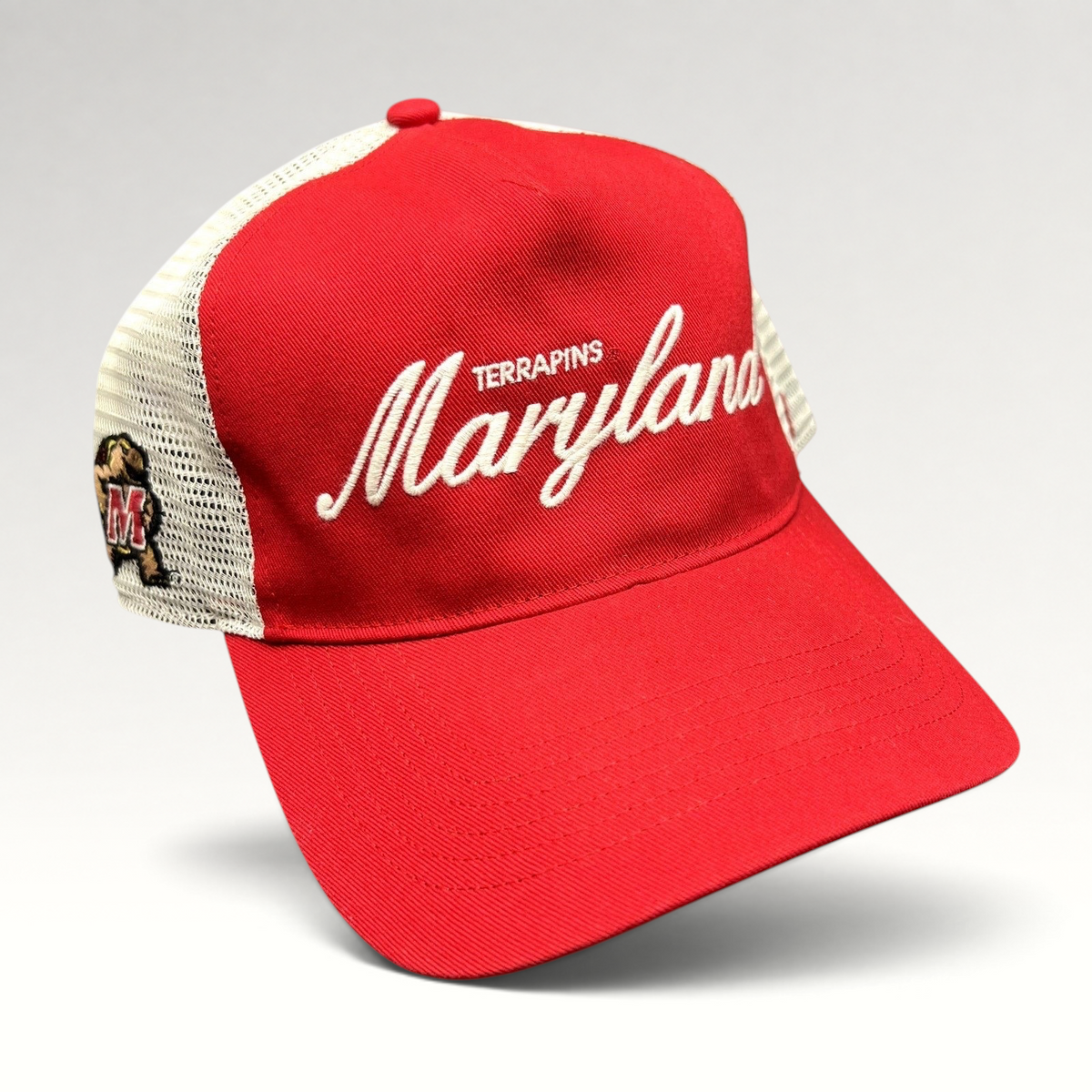 Raree Finds Maryland Terrapins 47 Brand red and white trucker snapback hat with embroidered script and mesh back