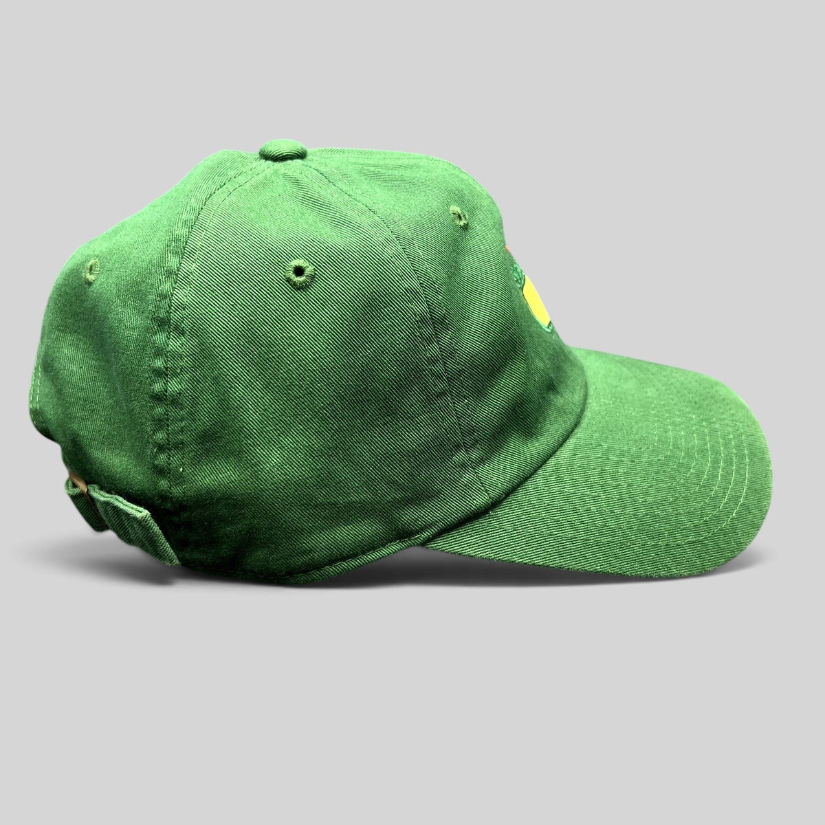 Raree Finds green Masters Tournament cotton strapback hat with embroidered Augusta National logo, side profile view.