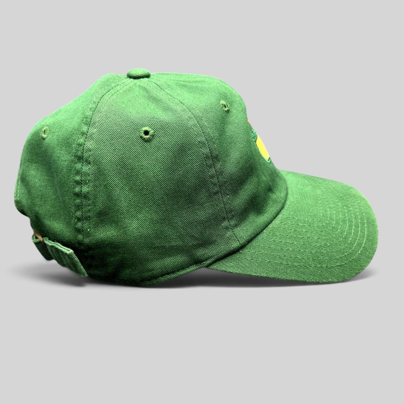 Raree Finds green Masters Tournament cotton strapback hat with embroidered Augusta National logo, side profile view.