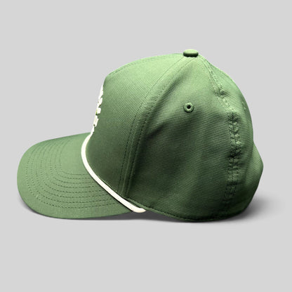 Raree Finds 2024 Masters Tournament green snapback golf hat with white rope detail on the bill, side view.