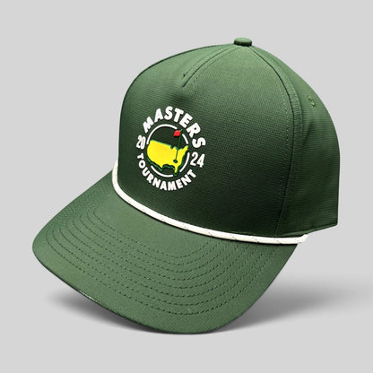 Raree Finds 2024 Masters Tournament green snapback golf hat with white rope detail and official logo on black background