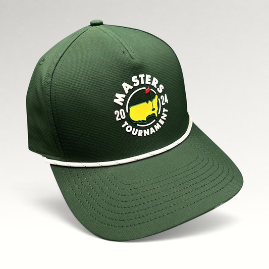 Raree Finds 2024 Masters Tournament green snapback golf hat with white rope detail and official logo on front