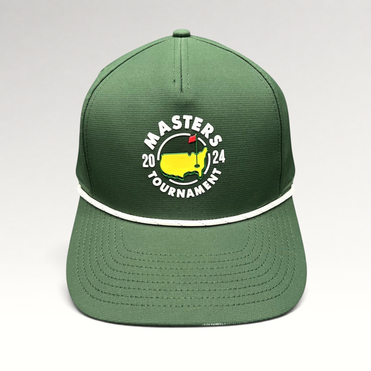 Raree Finds 2024 Masters Tournament green snapback golf hat with white rope trim and official logo on front