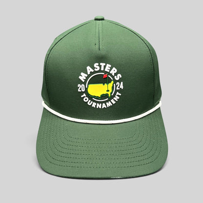 Raree Finds 2024 Masters Tournament green snapback golf hat with white rope detail and official logo on front