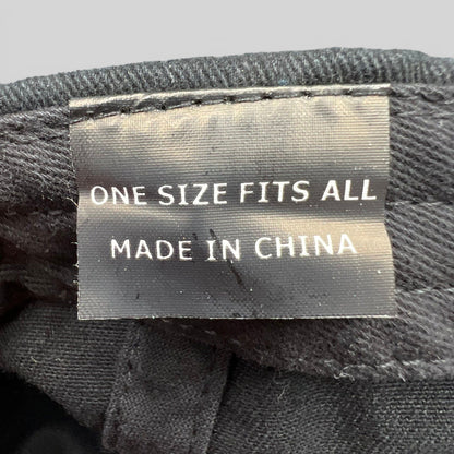 Raree Finds McCall Motor Works strapback hat interior tag showing one size fits all and made in China label