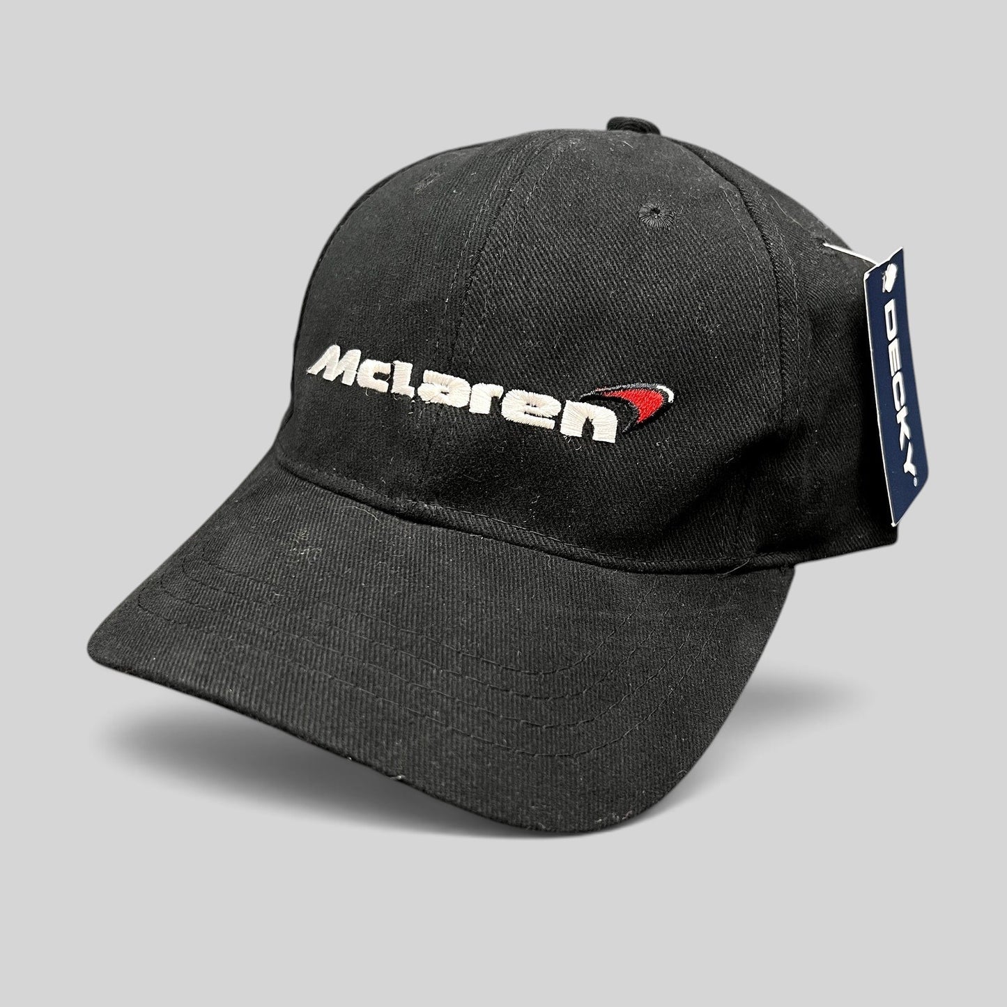 Raree Finds black cotton McLaren strapback hat with embroidered logo and Decky brand tag