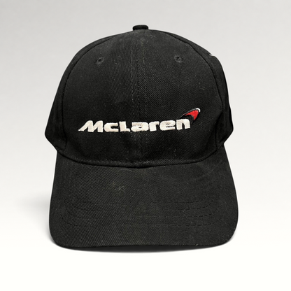 Raree Finds black cotton McLaren strapback hat with white and red embroidered logo on a six-panel low-profile cap.
