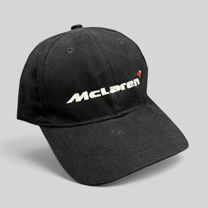 Raree Finds black cotton McLaren strapback hat with white and red embroidered logo on a six-panel low-profile cap.