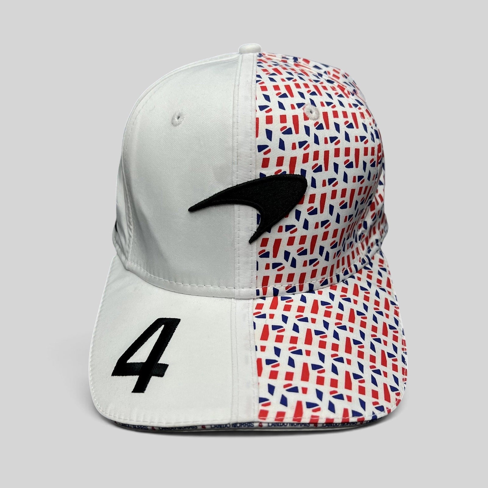 Raree Finds McLaren Formula 1 Team 9FIFTY stretch-snap hat with white, red, and blue geometric print and number 4