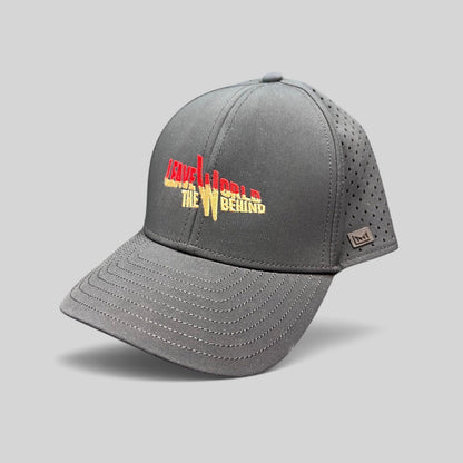 Raree Finds grey Melin Leave the World Behind snapback hat with red and yellow embroidered logo and perforated sides
