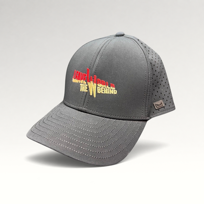 Raree Finds grey Melin Leave the World Behind snapback hat with red and yellow embroidered logo and perforated sides
