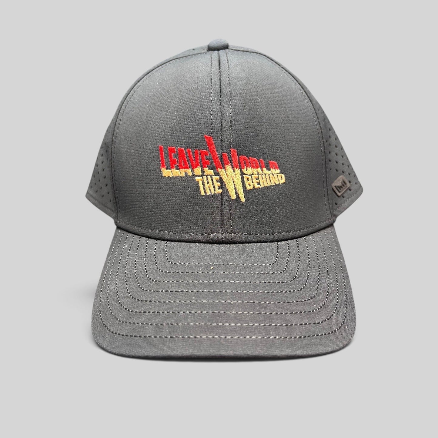 Raree Finds Melin Leave the World Behind charcoal grey snapback hat with red and yellow embroidered front logo