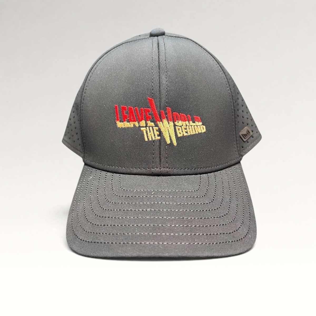 Raree Finds Melin Leave the World Behind charcoal grey snapback hat with red and yellow embroidered front logo