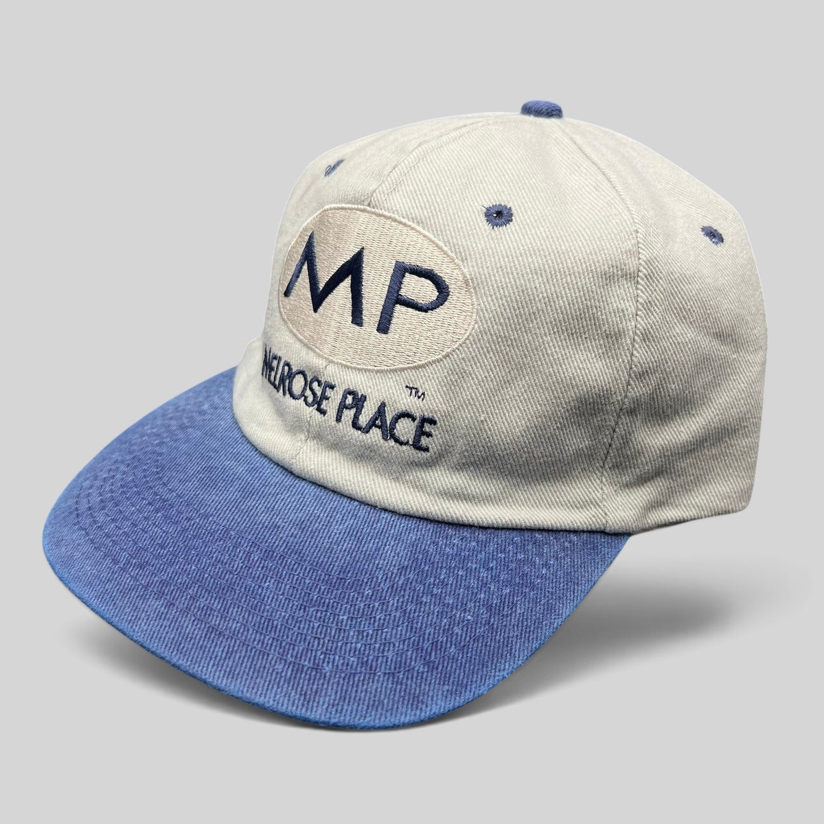 Raree Finds vintage 90s Melrose Place TV promo snapback cap in beige and blue with embroidered MP logo