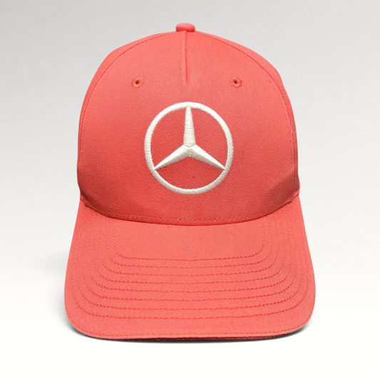Raree Finds coral pink Mercedes AMG Petronas strapback hat with a large white embroidered three-point star logo