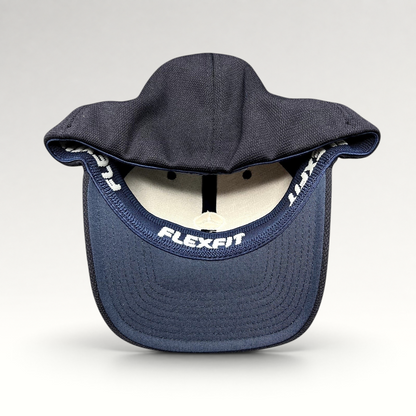 Raree Finds navy blue Mercedes-Benz Flexfit cap showing the interior sweatband with branded embroidery