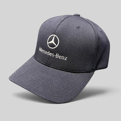Raree Finds navy blue Mercedes-Benz Flexfit cap with white embroidered logo and script on a structured crown