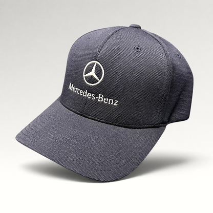 Raree Finds navy blue Mercedes-Benz Flexfit cap with white embroidered logo and script on a structured crown