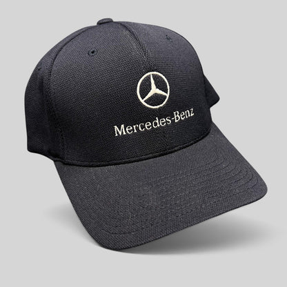 Raree Finds navy blue Mercedes-Benz Flexfit cap with white embroidered logo and script on a structured crown