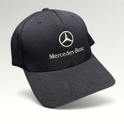 Raree Finds navy blue Mercedes-Benz Flexfit cap with white embroidered logo and script on a structured crown