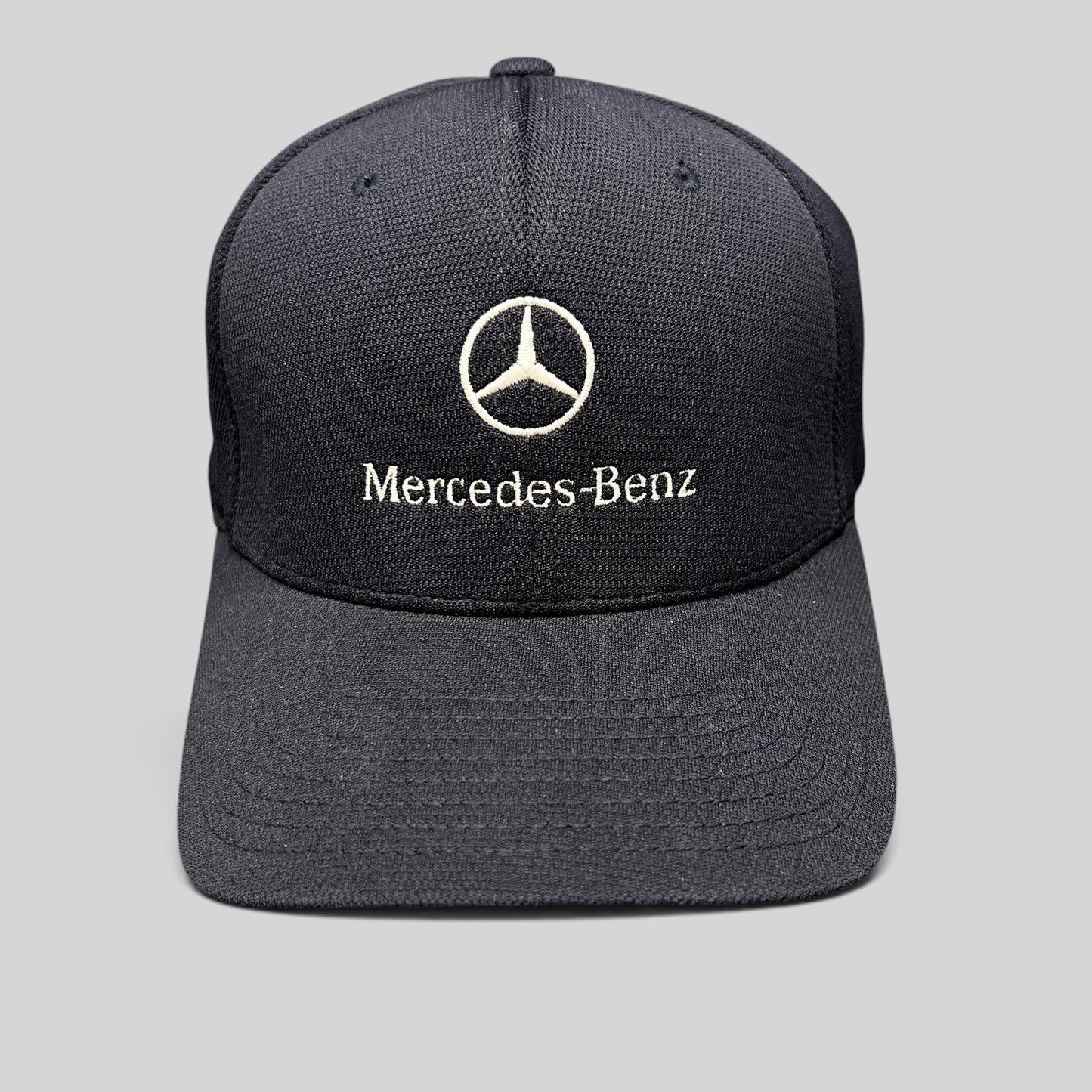 Raree Finds navy blue Mercedes-Benz Flexfit cap with white embroidered logo and script on a structured crown