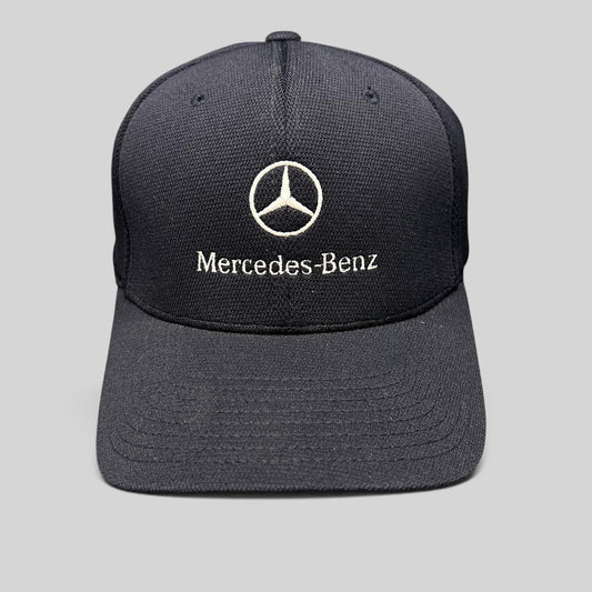Raree Finds navy blue Mercedes-Benz Flexfit cap with white embroidered logo and script on a structured crown
