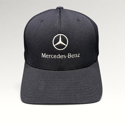 Raree Finds navy blue Mercedes-Benz Flexfit cap with white embroidered logo and script on a structured crown