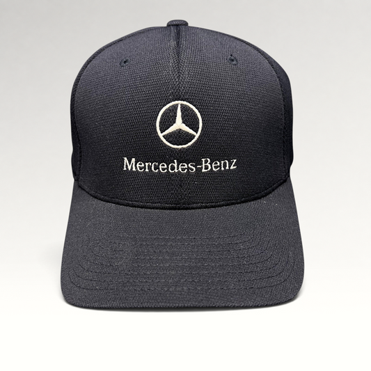 Raree Finds navy blue Mercedes-Benz Flexfit cap with white embroidered logo and script on a structured crown