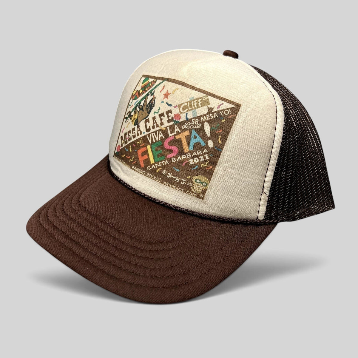 Raree Finds Mesa Cafe Santa Barbara Fiesta 2021 trucker hat in brown and cream with mesh back and graphic print