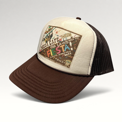 Raree Finds Mesa Cafe Santa Barbara Fiesta 2021 trucker hat in brown and cream with mesh back and graphic print