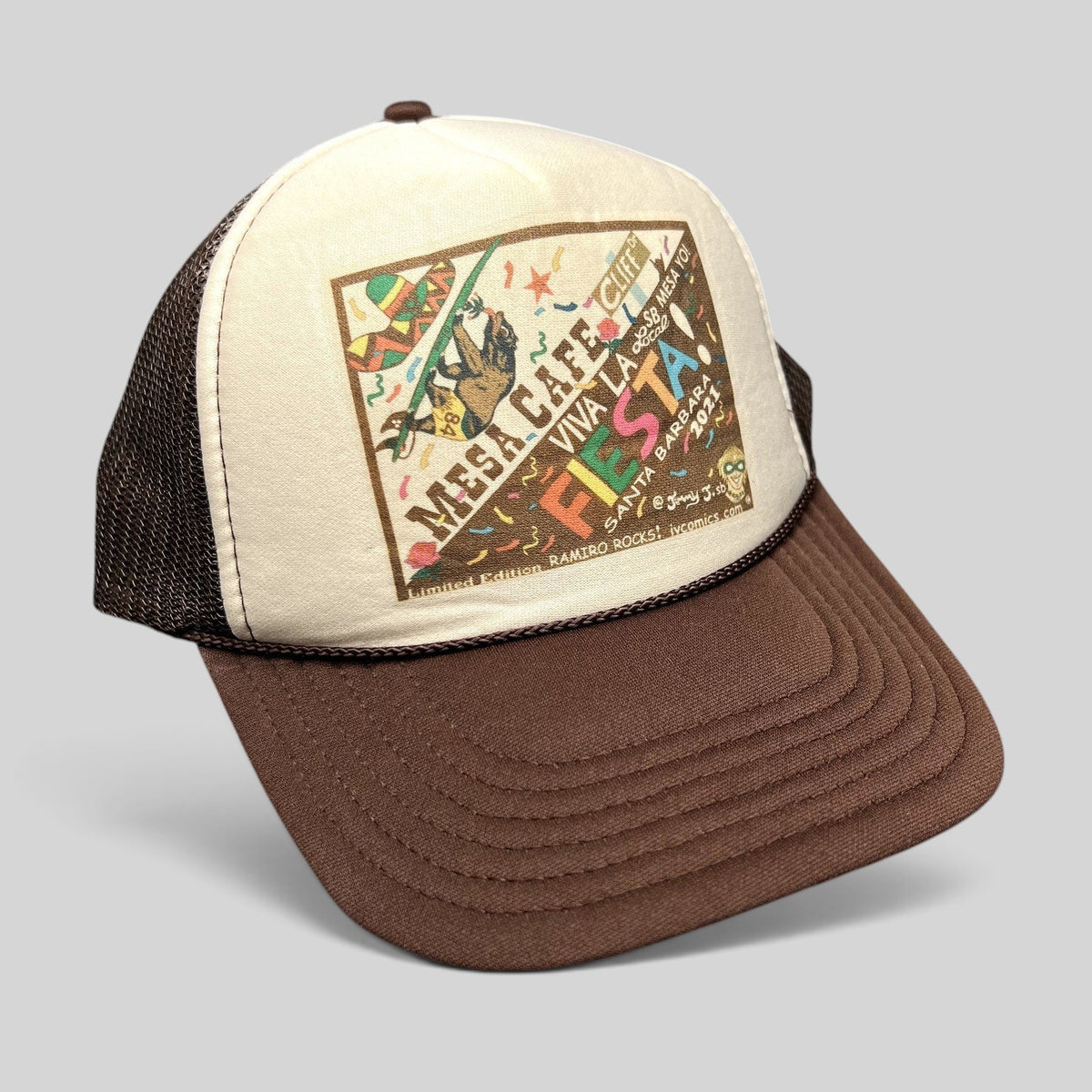 Raree Finds brown and cream trucker snapback hat with Mesa Cafe Santa Barbara Fiesta 2021 graphic print