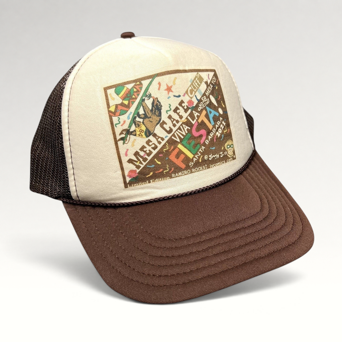 Raree Finds brown and cream trucker snapback hat with Mesa Cafe Santa Barbara Fiesta 2021 graphic print