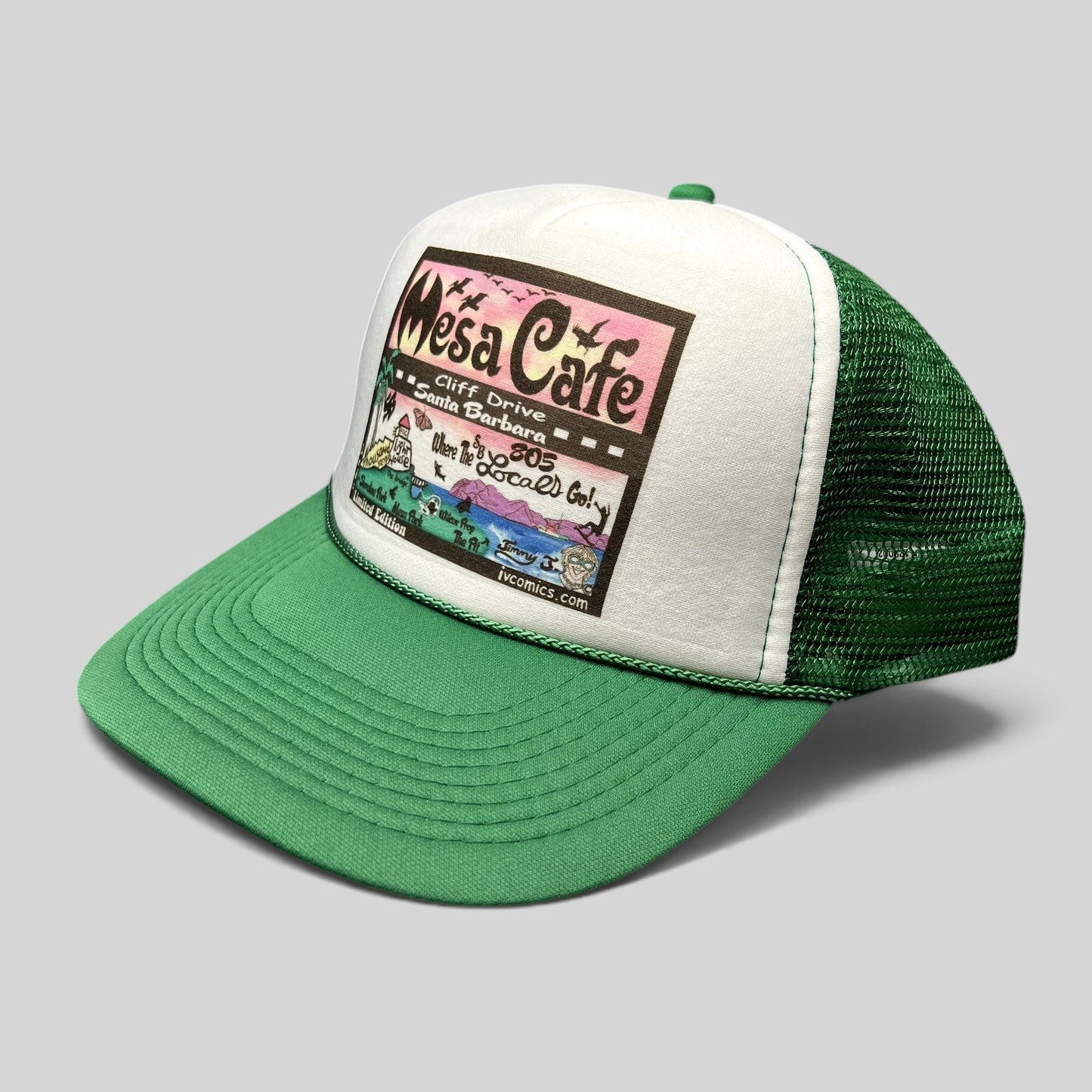 Raree Finds Mesa Cafe Santa Barbara trucker hat with green brim, white foam front, and illustrated coastal logo.