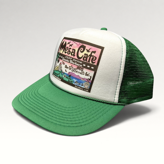 Raree Finds Mesa Cafe Santa Barbara trucker hat with green brim, white foam front, and illustrated coastal logo.