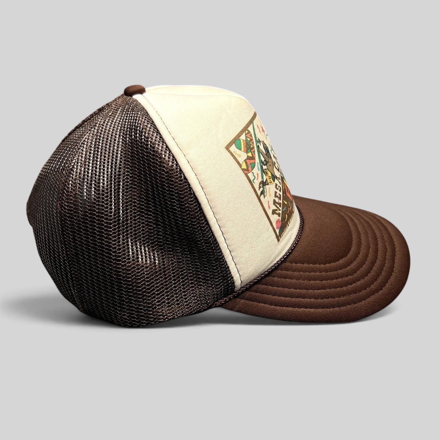 Raree Finds brown and cream Mesa Cafe Santa Barbara Fiesta 2021 trucker snapback hat with mesh back and graphic print